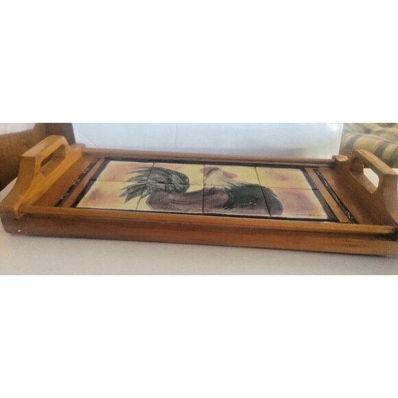Vintage Handled Wooden Tray with Ceramic Tile Inlaid Rooster Artist Signed - Picture 9 of 13
